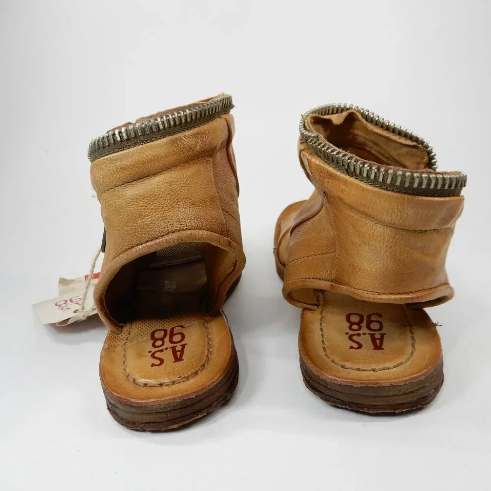 A.S.98 Ritchie Flat Sandals Peep Toe Bootie EU 36 5.5 6 Camel Leather Zipper NEW - Picture 8 of 12